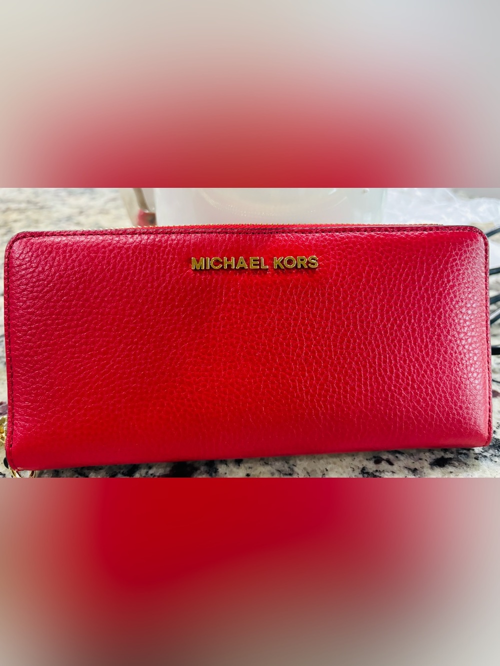 Michael Kors Red Pebbled Leather Zip Wallet with Gold Logo